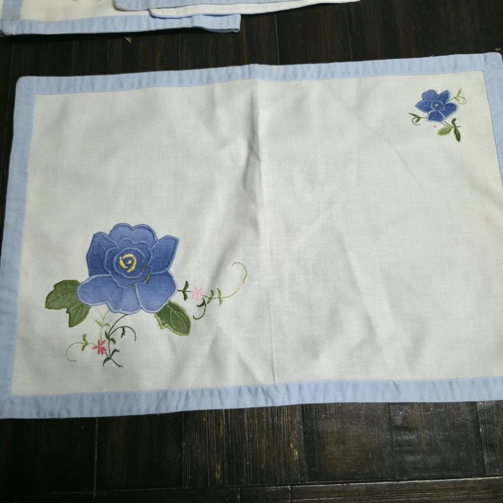 MCM Hand Embroidered Blue Rose Placemats Cotton Linen Table Linens Set of 7